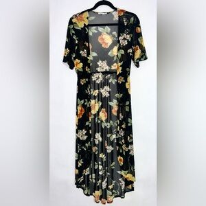 3rd + Malt black floral print sheer‎ duster cardigan cover-up with drawstring M